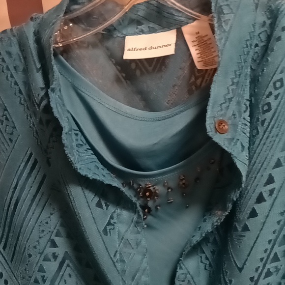 FINAL PRICE alfred dunner teal sheer 2-pc jacket set w brown trim & buttons 14 - Picture 5 of 12